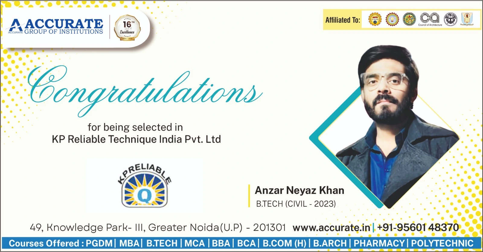 Recent Placement - Anzar Neyaz Khan at KP Reliable Technique India Pvt Ltd.